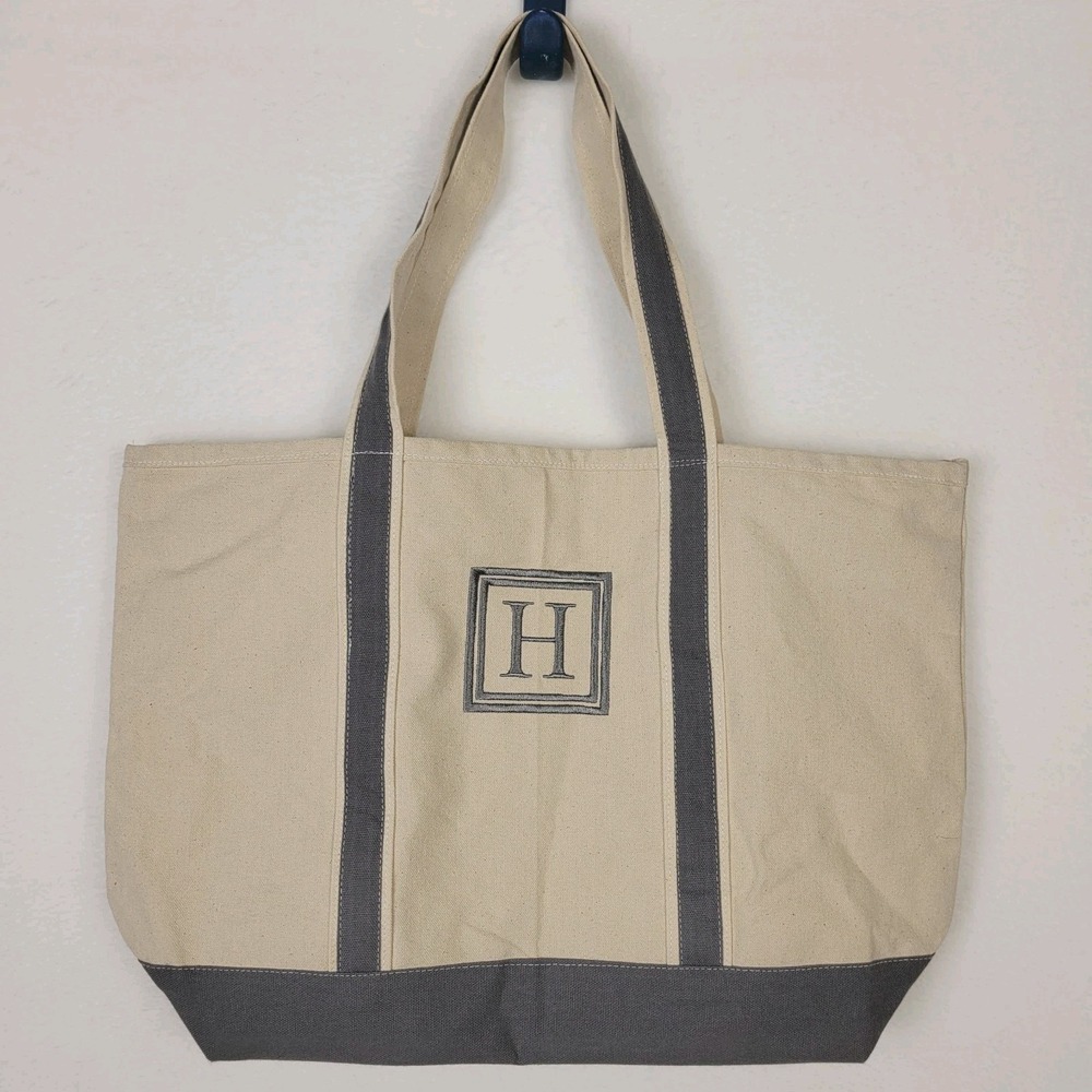 Nantucket Distributing Canvas Tote Bag Embroidered Letter H Gray Cream Beach Zip